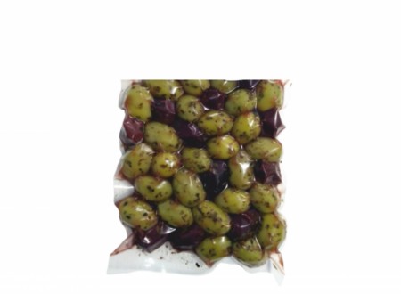 Oliven Campognole, tre oliventyper, marinert og krydret, i vakumpose, 400g